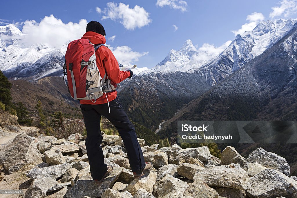 Donna trekking nel Parco Nazionale del monte Everest, Nepal - Foto stock royalty-free di Catena di montagne