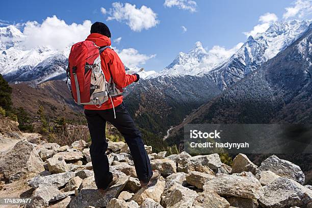 Donna Trekking Nel Parco Nazionale Del Monte Everest Nepal - Fotografie stock e altre immagini di Catena di montagne