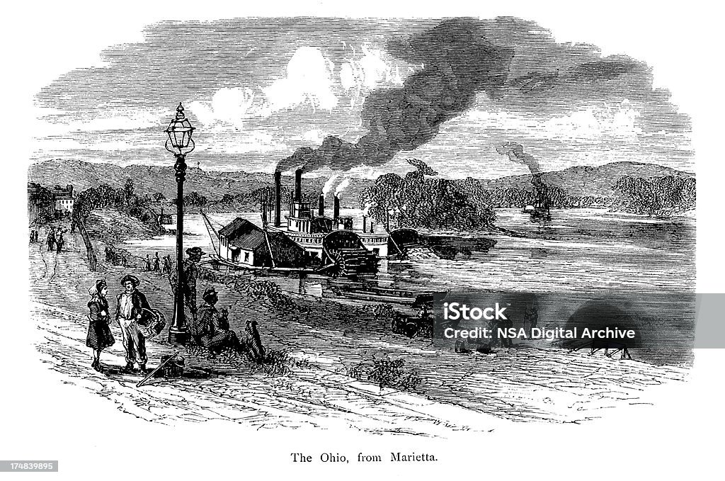 The Ohio River, USA, "The Ohio River as viewed from the city of Marietta in the U.S. state of Ohio. Published in Picturesque America or the Land We Live In (D. Appleton & Co., New York, 1872)." Mississippi stock illustration