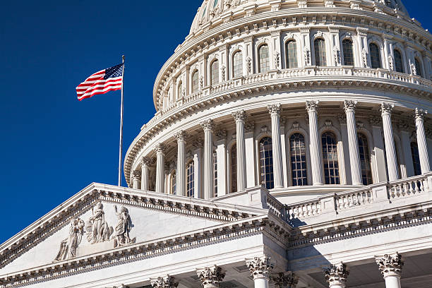 capitol building e la bandiera americana - capitol hill voting dome state capitol building foto e immagini stock