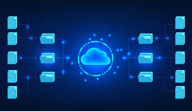 Vector illustration of Cloud technology inside the technology circle along with the circle connected to the document file. It means transferring data files into the cloud system for data storage. There is a security system.