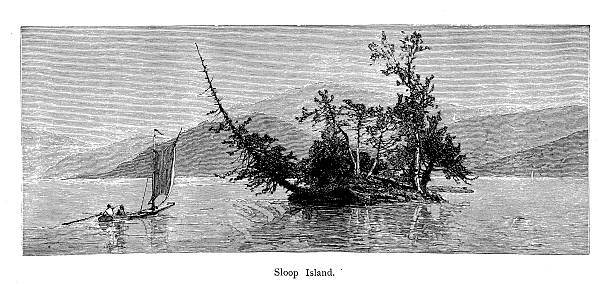 Sloop Island, Lake George, New York "Sloop Island on Lake George, located at the foot of the Adirondack Mountains in the U.S. state of New York. Published in Picturesque America or the Land We Live In (D. Appleton & Co., New York, 1872)" adirondack mountains stock illustrations