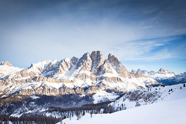View of Mount Cristallo at Cortina d'Ampezzo "alpine landscape in winter at the famous ski resort in the Dolomites, ItalyOTHER IMAGES FROM CORTINA AND ITS SURROUNDINGS:" dolomites stock pictures, royalty-free photos & images