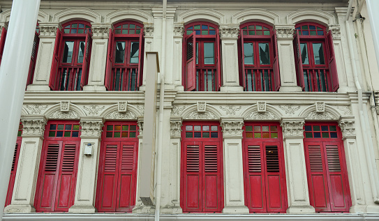 Colorful doors at old building in Chinatown, Singapore.