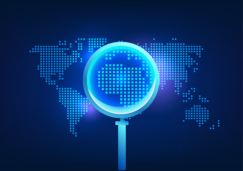 Search technology A magnifying glass that looks at the world map It means that information can be found all over the world through the internet network for use in work.