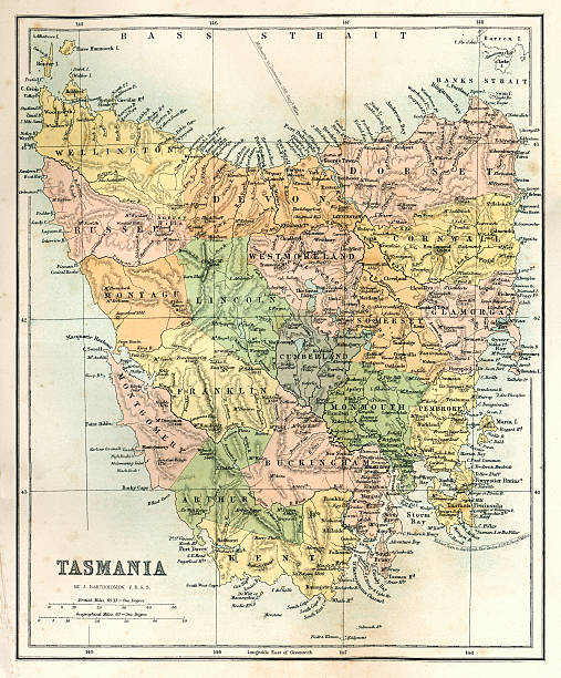 Antique Map of Tasmania Antique map of Tasmania from 1867 bay of fires photos stock illustrations