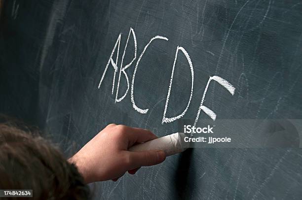 Chalkboard Girl Escrito Abc Foto de stock y más banco de imágenes de Aprender - Aprender, De ascendencia europea, Delante de
