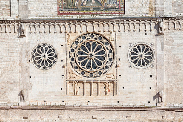 spoleto cathedral facade rose window, umbria italy - spoleto bildbanksfoton och bilder