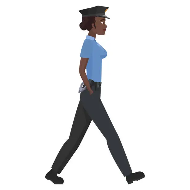 Vector illustration of Side view of walking black police woman