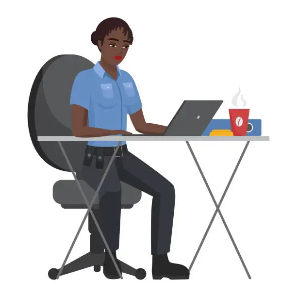 Vector illustration of Black police officer woman working at table