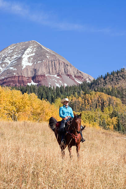 rocky mountain kowbojka krajobraz - cowboy horseback riding nature blue zdjęcia i obrazy z banku zdjęć
