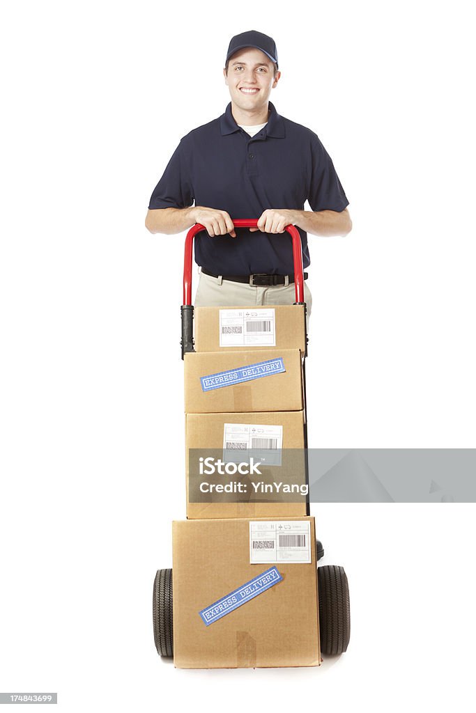Lieferung Service-Mann liefern vollständige Einkaufswagen von Packages auf Weiß - Lizenzfrei Abschicken Stock-Foto