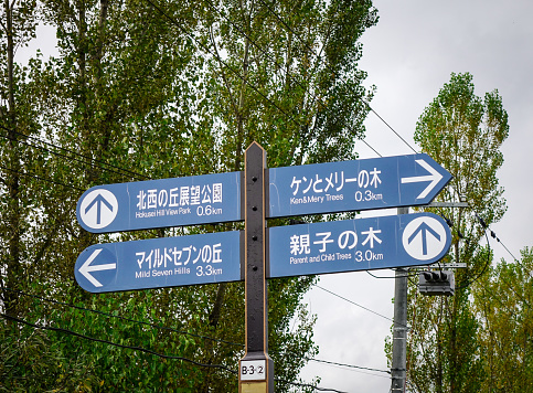 Sign boards at Biei Township in Hokkaido, Japan. Biei is a small town surrounded by a picturesque landscape of gently rolling hills and vast fields.