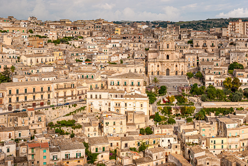 Panoramic view of Modica, with the cathedral of San Giorgio. The city is famous for the baroque style.