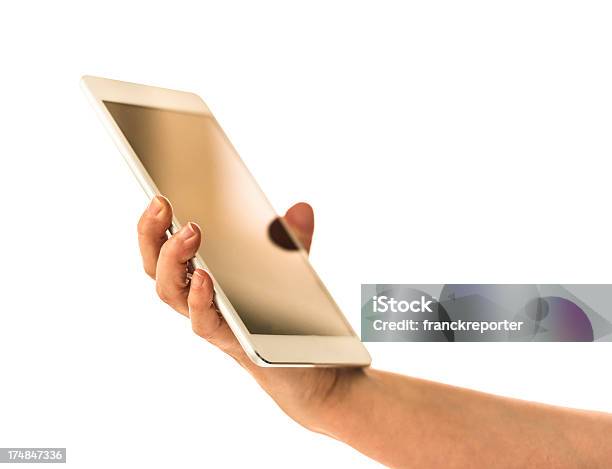 Ręka Trzyma Mini Tablet - zdjęcia stockowe i więcej obrazów Białe tło - Białe tło, Cyfrowy wyświetlacz, Czytnik książek elektronicznych
