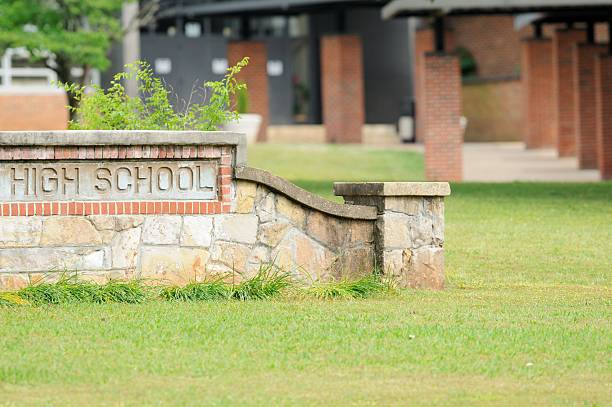 istock High school sign in front of entrance 174847342