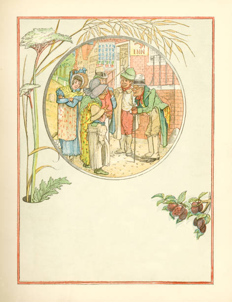 Suffolk villagers chatting (Victorian illustration) "A group of people in a village street in Suffolk, England, excitedly chatting; with their Harvest Horkey coming up, they have lots to discuss! From aThe Horkey - A Balladai by Robert Bloomfield and illustrated by George Cruikshank; published by MacMillan & Co, London, 1882. The aEballadaa is set in Suffolk, England and the aEHorkeyaa is the harvest supper, or end-of-harvest celebratory meal." old ladies gossiping stock illustrations