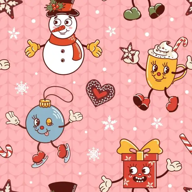 Vector illustration of Snowman, gift and hot chocolate mug dancing, ball is skating. Cute old retro cartoon style characters. Knitted ugly sweater. Seamless pattern for wallpaper, fabric, wrapping, background.