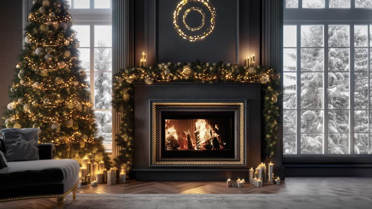 A festive vignette captures the essence of Christmas, with a gift wrapped to perfection in the foreground, and a Christmas tree and a fireplace bedecked with a radiant garland in the background.