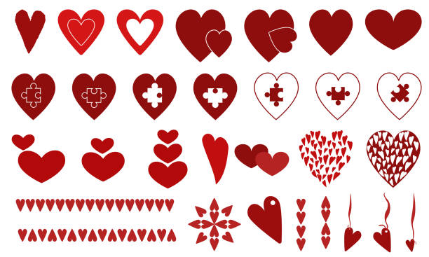 ilustrações de stock, clip art, desenhos animados e ícones de set of decorative hearts and design elements for valentine's day, various shapes and details of love symbols - symbol snowflake doodle heart shape