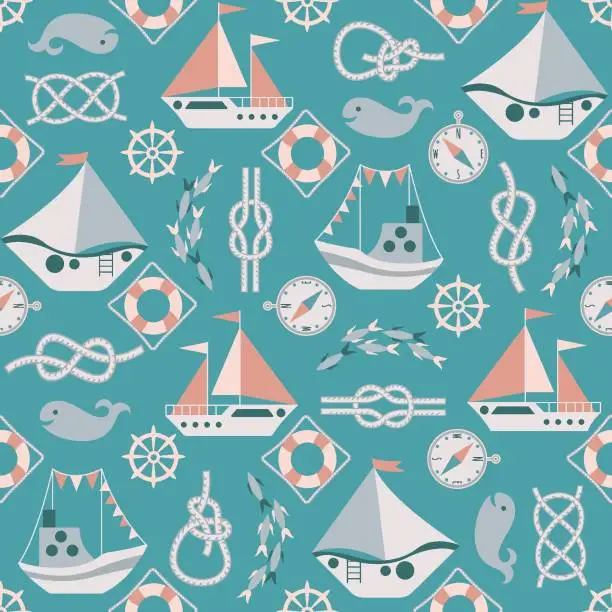 Vector illustration of Children's nautical template. Seamless backgrounds.