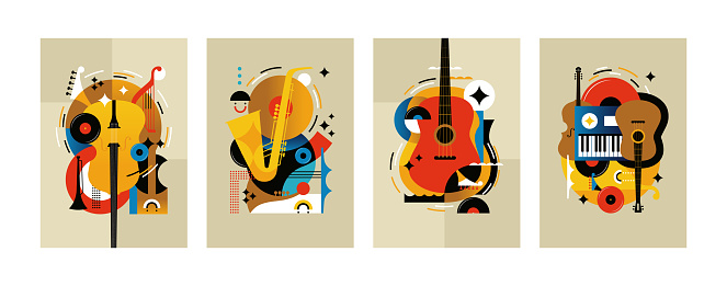 Jazz music. Concert instruments, posters with piano, saxophone and guitar, abstract orchestra graphic covers. Geometric elements on background, prints and invitation. Vector cartoon flat illustration