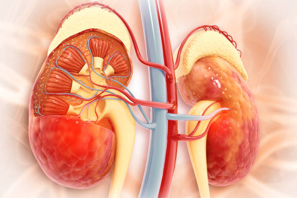 istock Human kidney cross section on scientific background. 3d illustration 1748486991