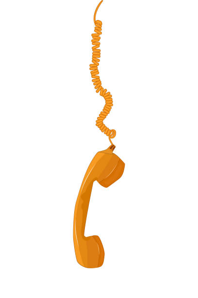 mobilteil hängt isoliert auf weißem hintergrund an einem draht. vintage-telefonhörer an spiralschnur. - telephone telephone receiver phone cord telephone line stock-grafiken, -clipart, -cartoons und -symbole