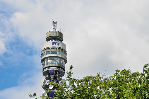 London, UK - July 8, 2008: The BT Tower, also known as the Post Office Tower and Telecom Tower, is a prominent communications tower located in London, United Kingdom.