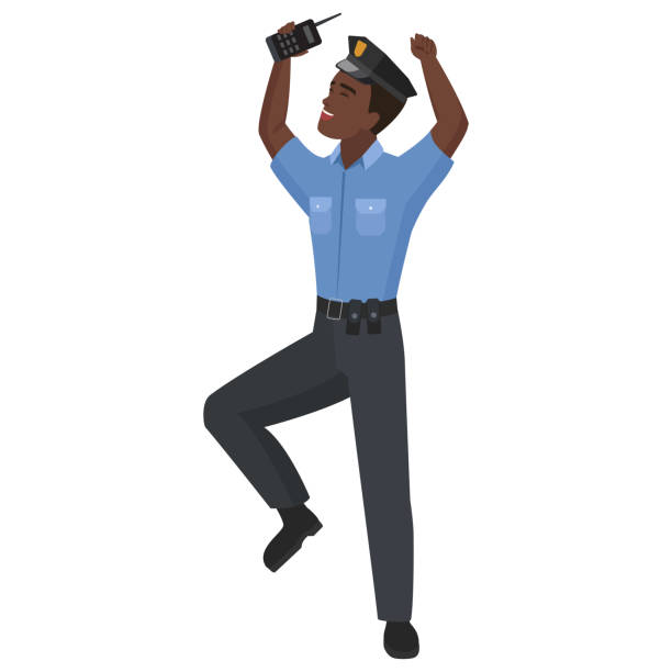 illustrations, cliparts, dessins animés et icônes de policier noir heureux - black and white military uniform headwear one person