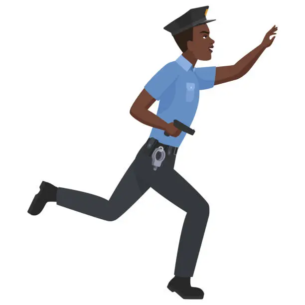 Vector illustration of Black policeman chasing with gun