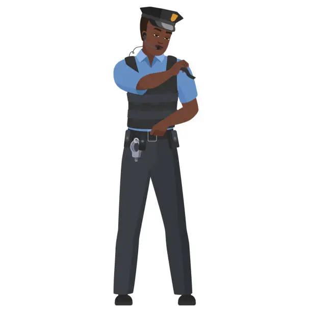 Vector illustration of Black policeman in bullet proof vest