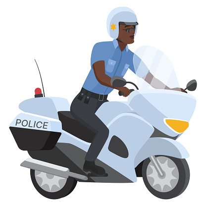 Front view of black policeman on motorbike. Police officer on motorcycle cartoon vector illustration