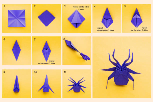 Spider origami tutorial, step by step, tutorial. Spider origami tutorial, step by step, tutorial. origami instructions stock pictures, royalty-free photos & images