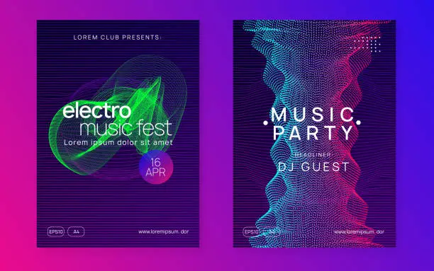 Vector illustration of Neon sound flyer. Electro dance music. Electronic fest event. Club dj poster. Techno trance party.