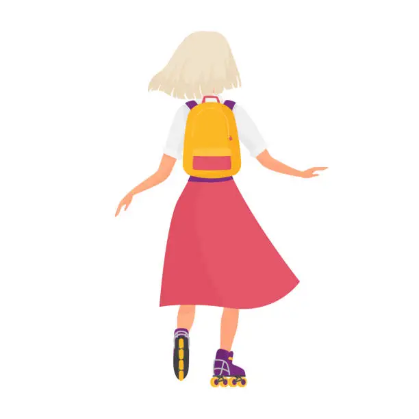 Vector illustration of Back view of student girl with roller skating