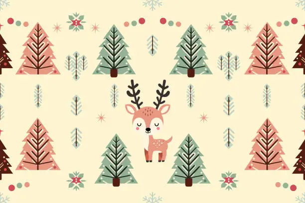 Vector illustration of Christmas vintage ethnic seamless pattern decorated with trees and reindeer. design for background, wallpaper, fabric, carpet, web banner, wrapping paper. embroidery style.