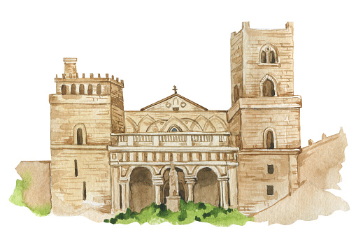 Italian landscape hand drawn watercolor illustration. Wedding postcard design, packaging, travel, invitation decor