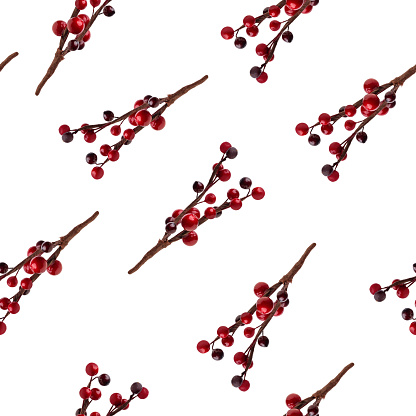 Pattern branches of red berries isolated. christmas tree decoration red berries holly.