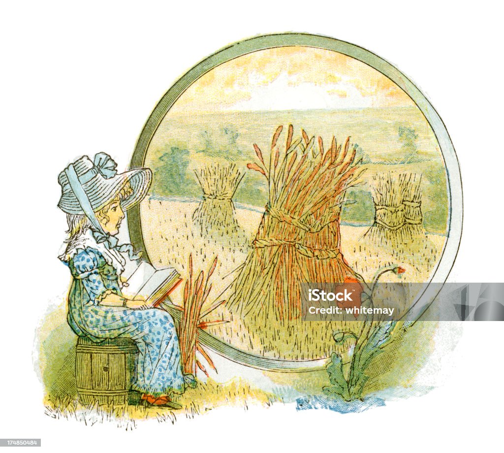 Fillette lisant dans un style victorien harvest field (illustration). - Illustration de Gerbe de blé libre de droits