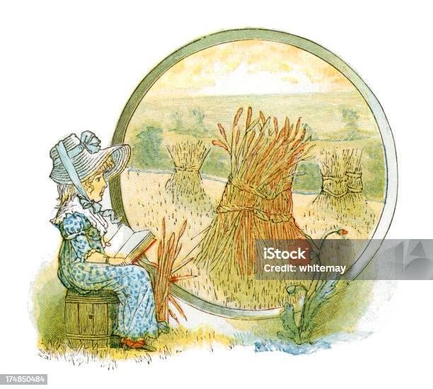 Маленькая Девочка Чтения В Harvest — стоковая векторная графика и другие изображения на тему Сноп пшеницы