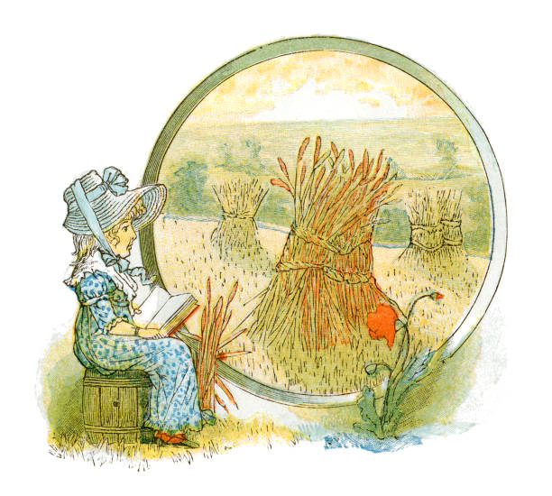 A little girl wearing Regency style clothing reading a book in a harvest field. From “The Horkey - A Ballad” by Robert Bloomfield and illustrated by George Cruikshank; published by MacMillan & Co, London, 1882. The “ballad” is set in Suffolk, England and the ‘Horkey’ is the harvest supper, or end-of-harvest celebratory meal.