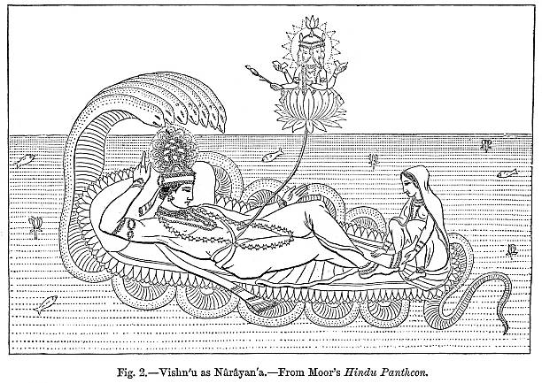 ilustrações, clipart, desenhos animados e ícones de visnu como narayana - victorian style engraved image vishnu 19th century style
