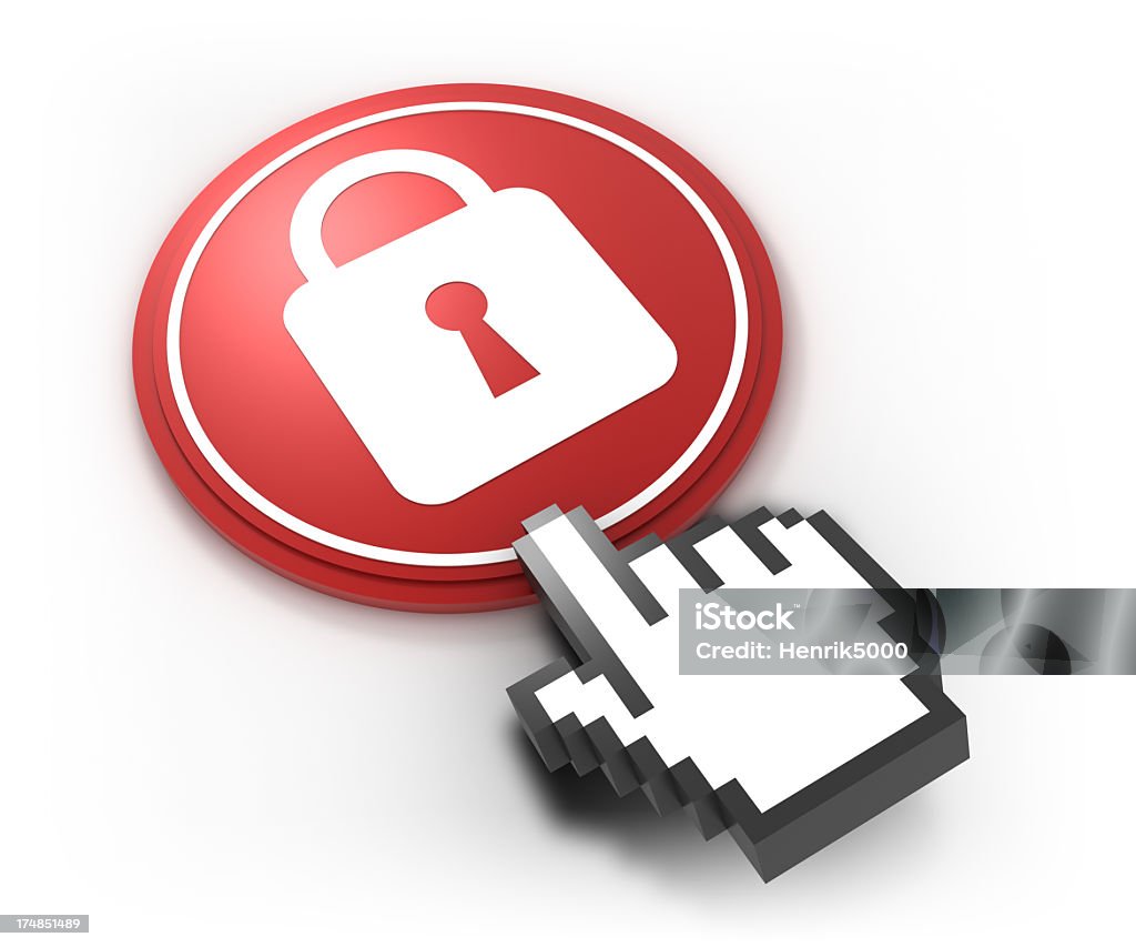 Cyber security concept with lock and pointer hand Attached Stock Photo