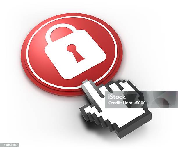 Cyber Security Concept With Lock And Pointer Hand Stock Photo - Download Image Now - Attached, Close-up, Communication