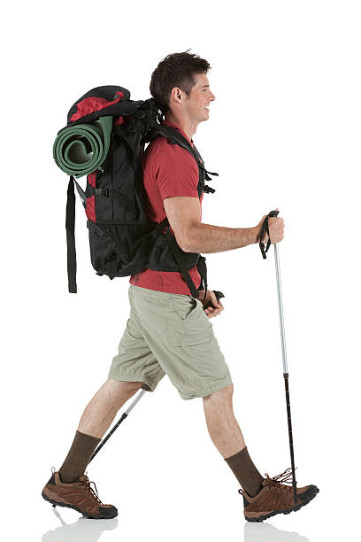 Male hiker walking with hiking pole