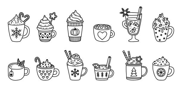 ilustrações de stock, clip art, desenhos animados e ícones de autumn and winter hot drinks coloring doodle. cozy cup with coffee, pumpkin spice latte, hot chocolate with marshmallow, cacao with whipped cream, mint tea, mulled wine, cinnamon vanilla latte. sketch vector illustration - symbol snowflake doodle heart shape