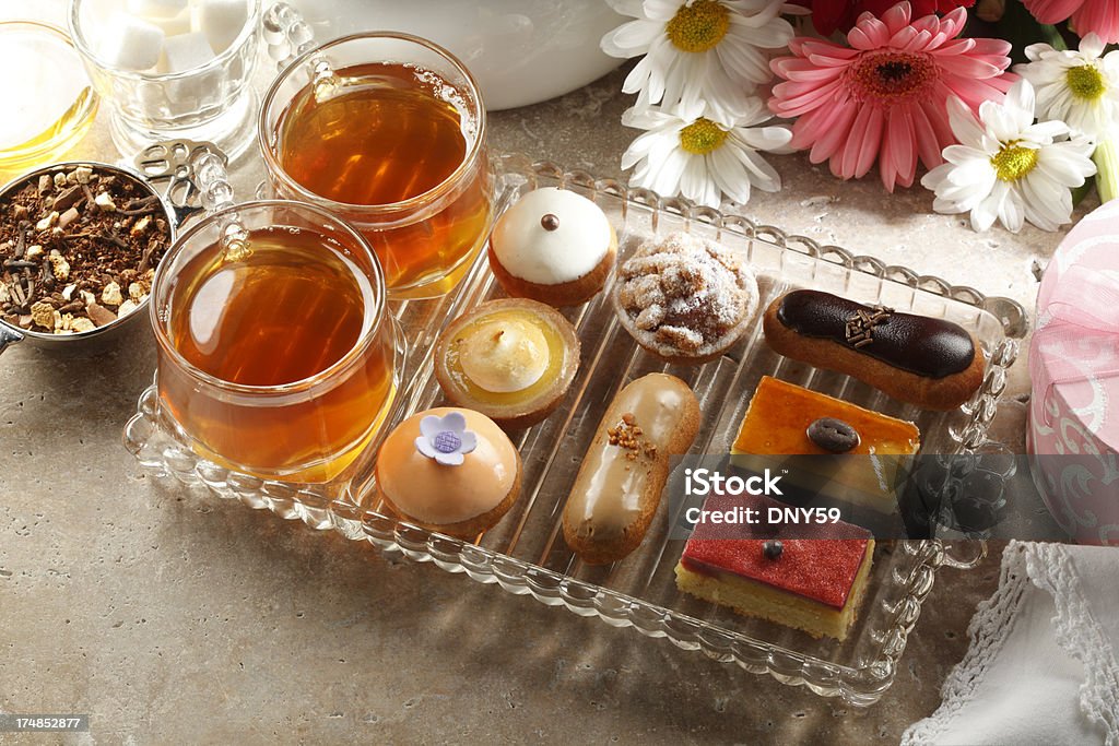 Tea and Dessert A tray of hot tea and tasty desserts. Baked Pastry Item Stock Photo