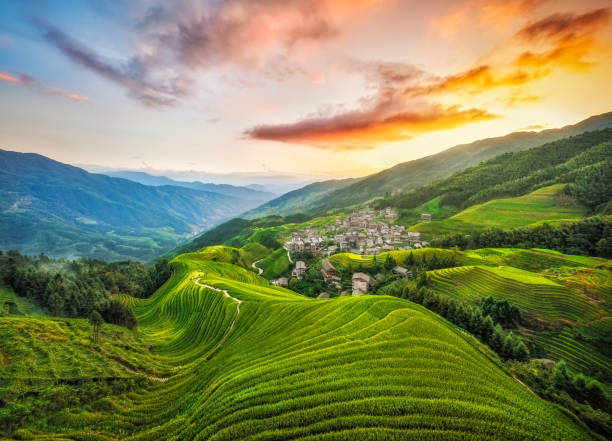 Ping’an Zhuang Village Terraced Fields at sunset with colored clouds