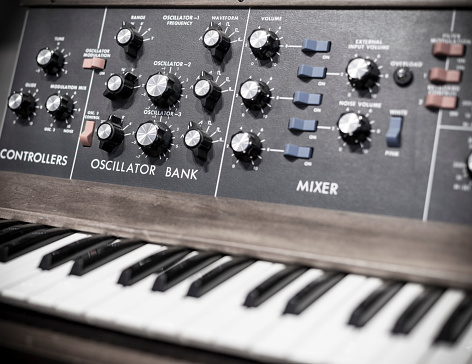 Moog synthesizer up close with knobs and keyboard
